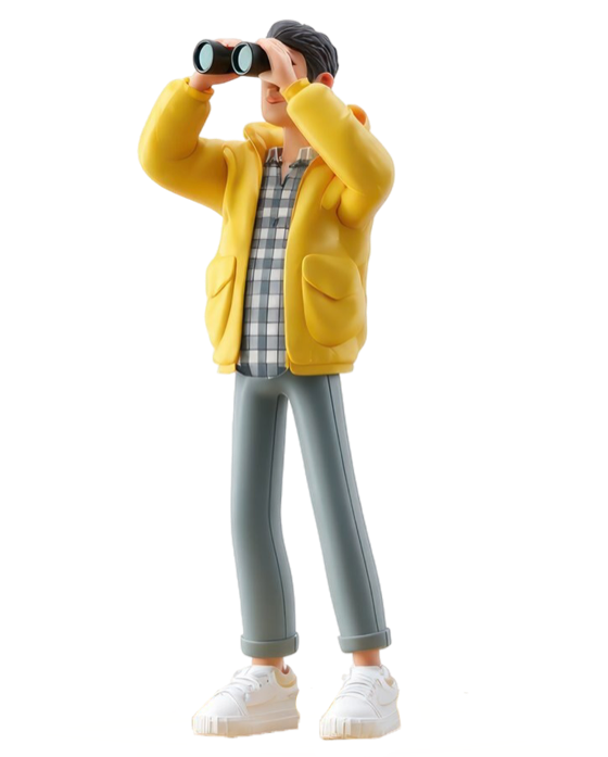 Illustration einer Person in gelber Jacke, die durch ein Fernglas schaut